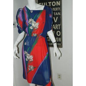 Vintage Vivian's California Dress Women's Blue Red Floral Puffy Sleeve Medium